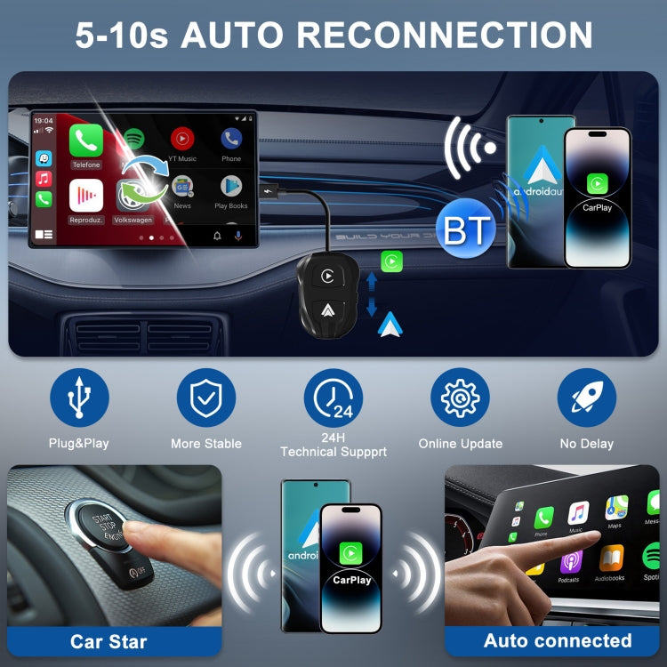 THT-020-9 USB + USB-C Wired to Wireless Carplay / Android device, compact and sleek design for seamless connectivity.